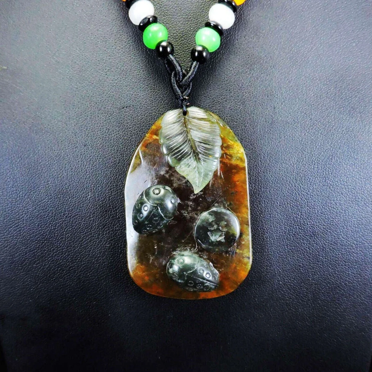 100% Natural Hand-Carved Jade Pendant Jadeite Necklace Beetle & Leaf & Coin - Image 2