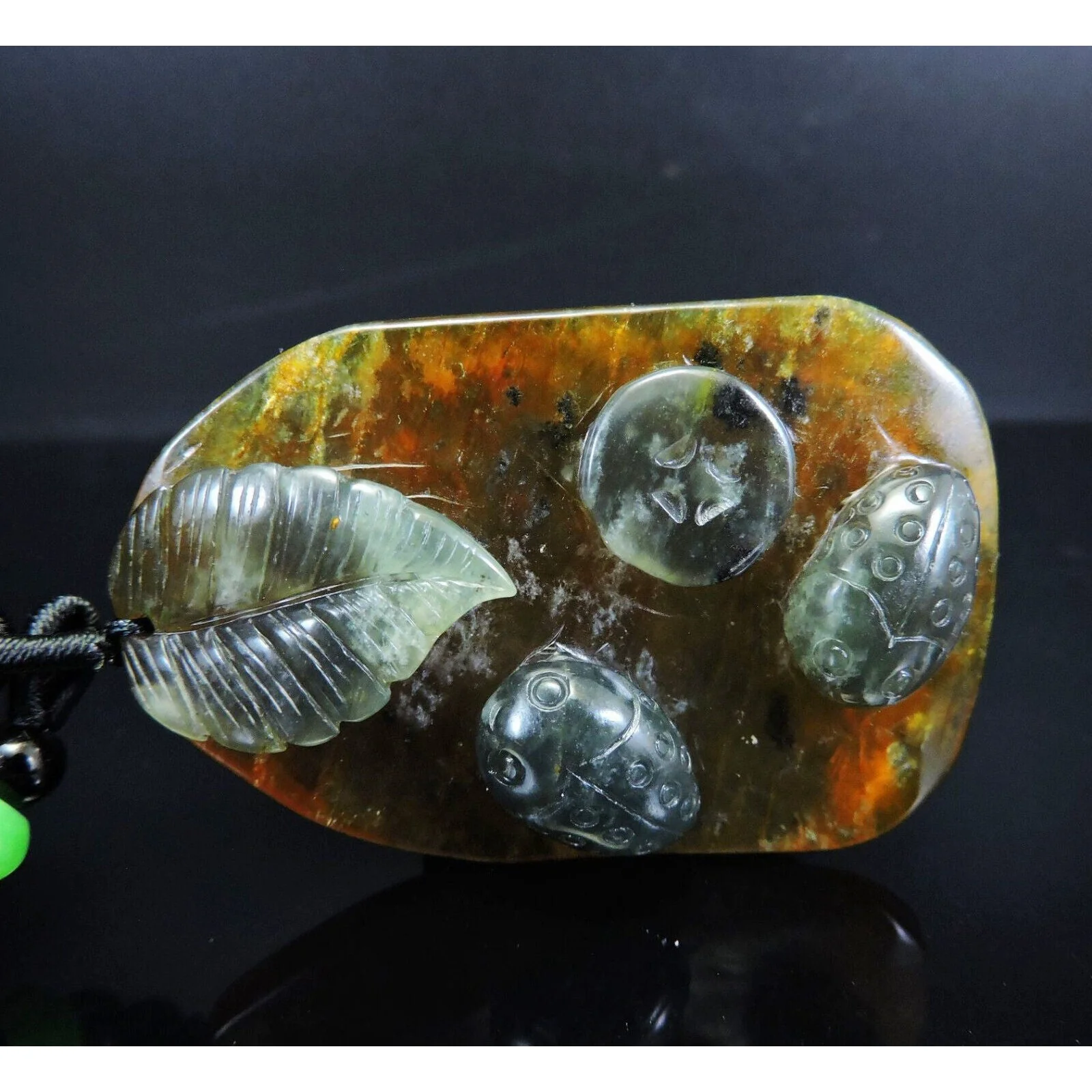 100% Natural Hand-Carved Jade Pendant Jadeite Necklace Beetle & Leaf & Coin - Image 4