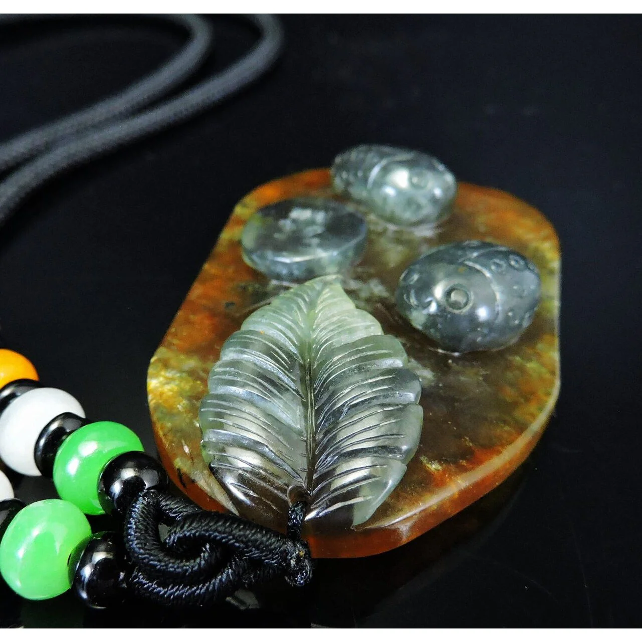 100% Natural Hand-Carved Jade Pendant Jadeite Necklace Beetle & Leaf & Coin - Image 5