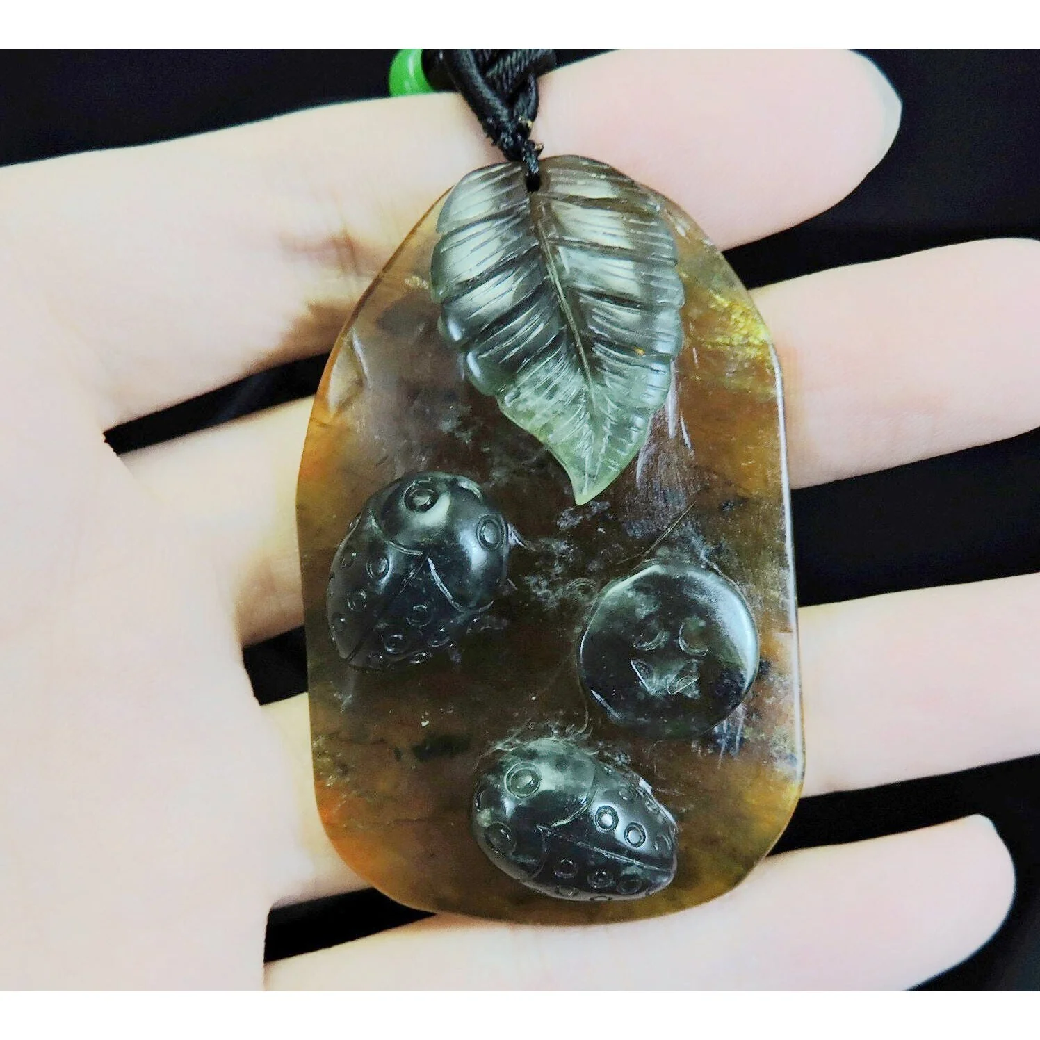 100% Natural Hand-Carved Jade Pendant Jadeite Necklace Beetle & Leaf & Coin - Image 8
