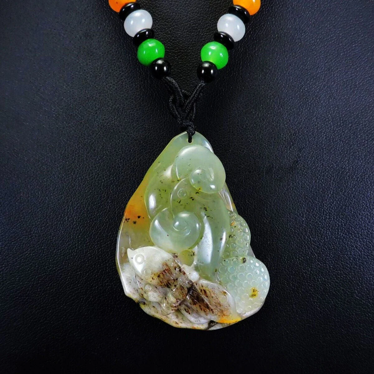 100% Natural Hand-Carved Jade Pendant Jadeite Necklace Butterfly & Ruyi - Image 2