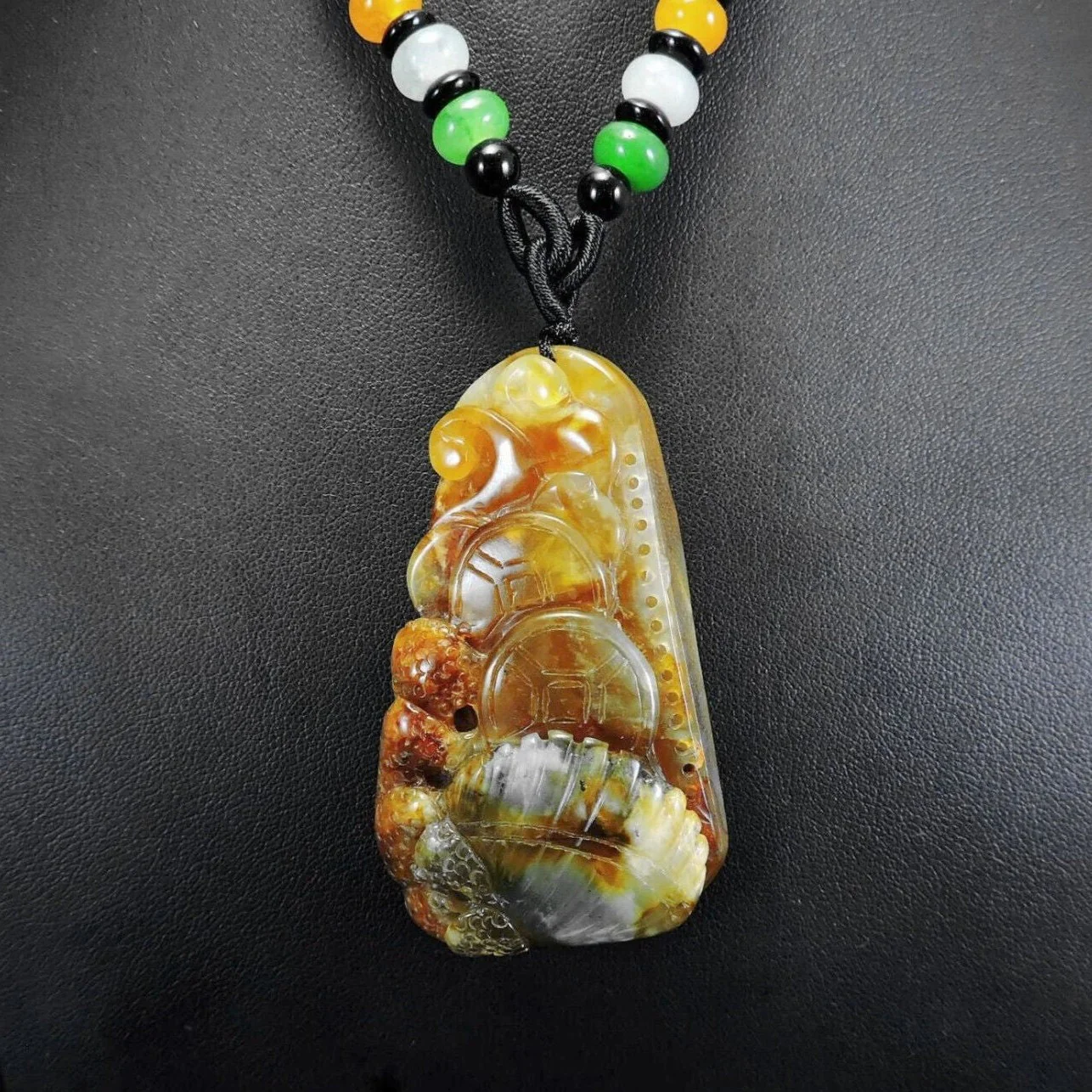 100% Natural Hand-Carved Jade Pendant Jadeite Necklace Coral & Seashell & Ruyi - Image 2