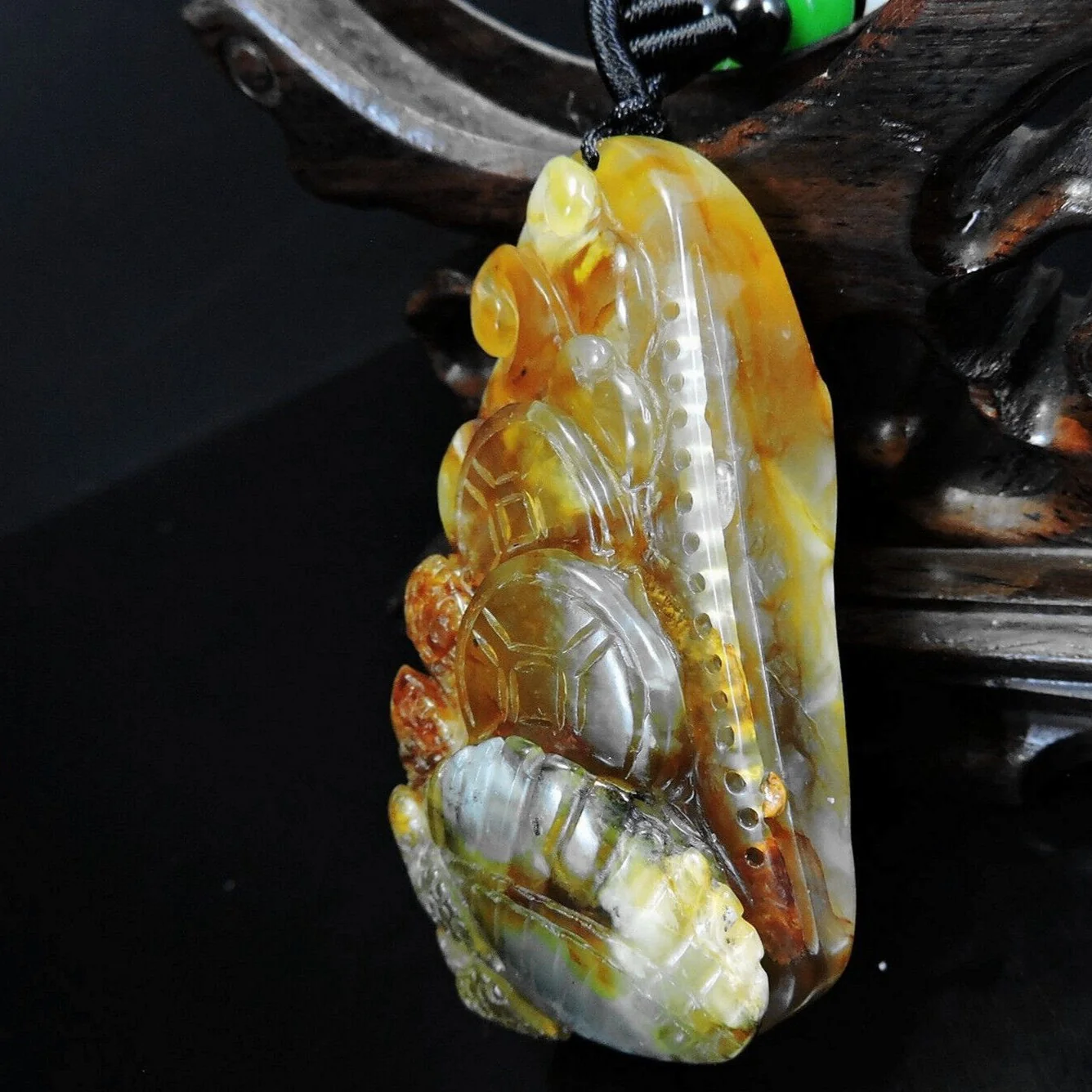 100% Natural Hand-Carved Jade Pendant Jadeite Necklace Coral & Seashell & Ruyi - Image 3