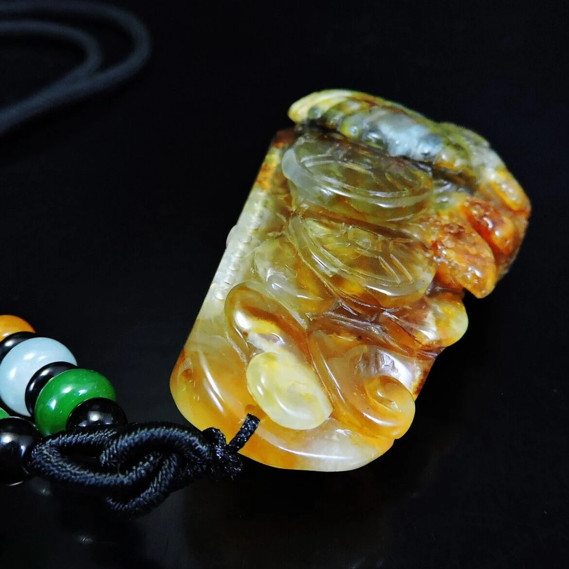 100% Natural Hand-Carved Jade Pendant Jadeite Necklace Coral & Seashell & Ruyi - Image 4