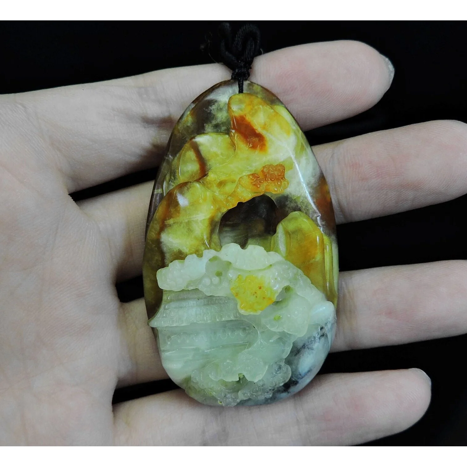 100% Natural Hand-Carved Jade Pendant Jadeite Necklace Landscape - Image 8