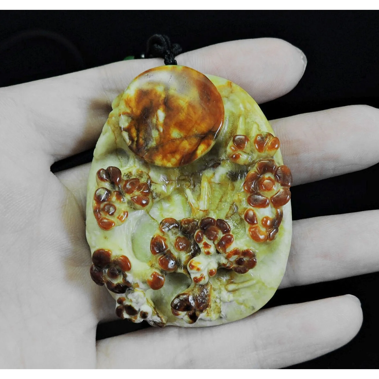100% Natural Hand-carved Jade Pendant Jadeite Necklace Moon & Plum Flower - Image 11