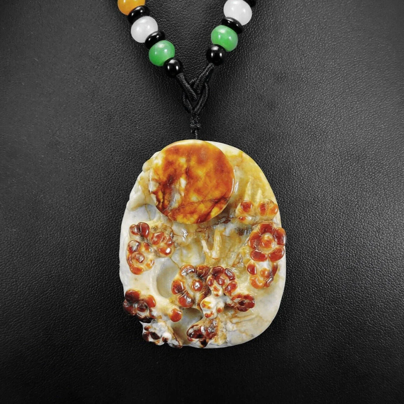 100% Natural Hand-carved Jade Pendant Jadeite Necklace Moon & Plum Flower - Image 2