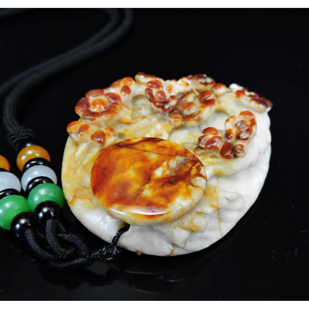 100% Natural Hand-carved Jade Pendant Jadeite Necklace Moon & Plum Flower - Image 4