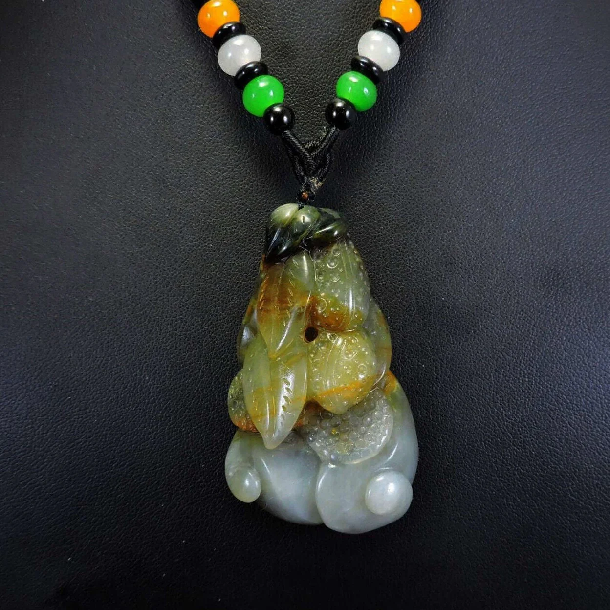 100% Natural Hand-Carved Jade Pendant Jadeite Necklace Peanut & Leaves & Ruyi - Image 2