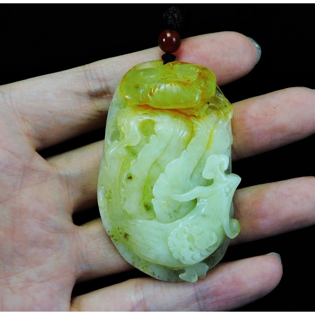 100% Natural Hand-carved Jade Pendant Jadeite Necklace Phoenix & Ruyi - Image 4