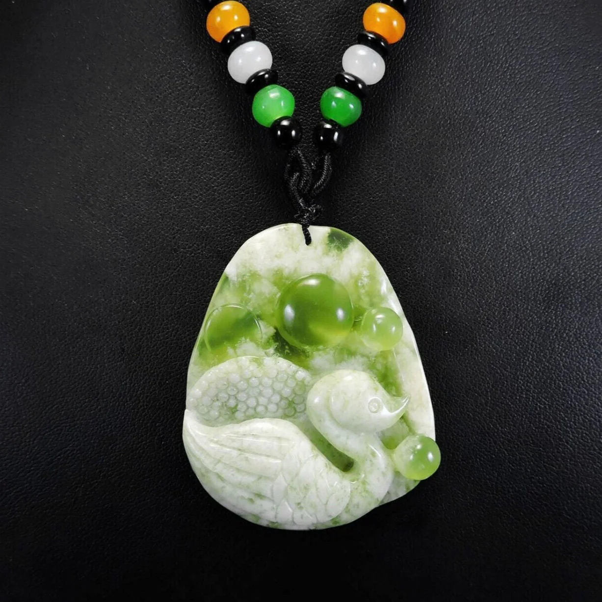 100% Natural Hand-Carved Jade Pendant Jadeite Necklace Swan & Coin - Image 2