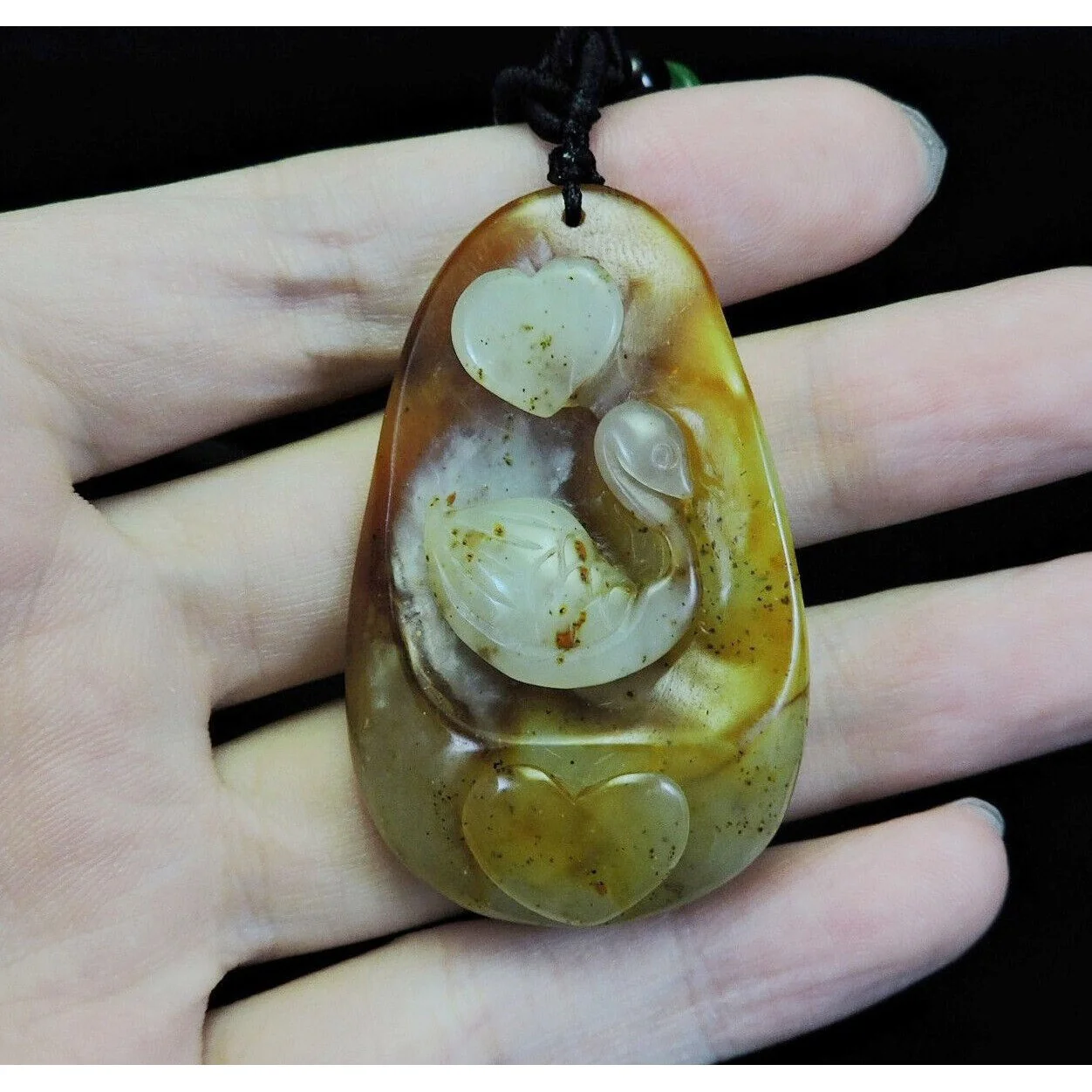 100% Natural Hand-carved Jade Pendant Jadeite Necklace Swan Love - Image 6