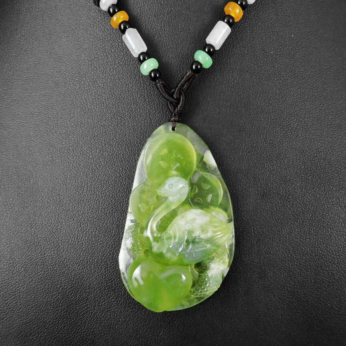 100% Natural Hand-Carved Jade Pendant Jadeite Necklace Swan & Love - Image 2
