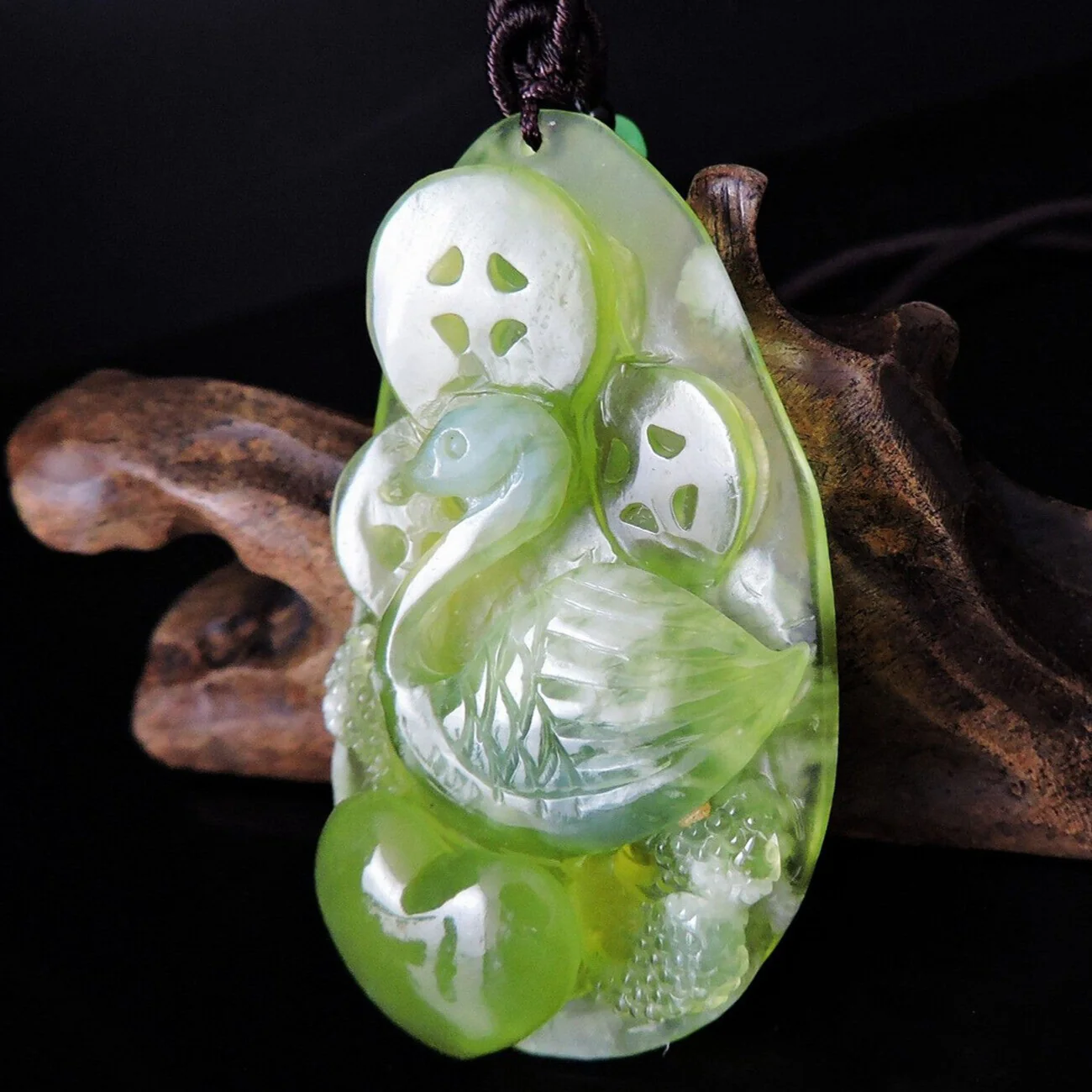 100% Natural Hand-Carved Jade Pendant Jadeite Necklace Swan & Love - Image 3