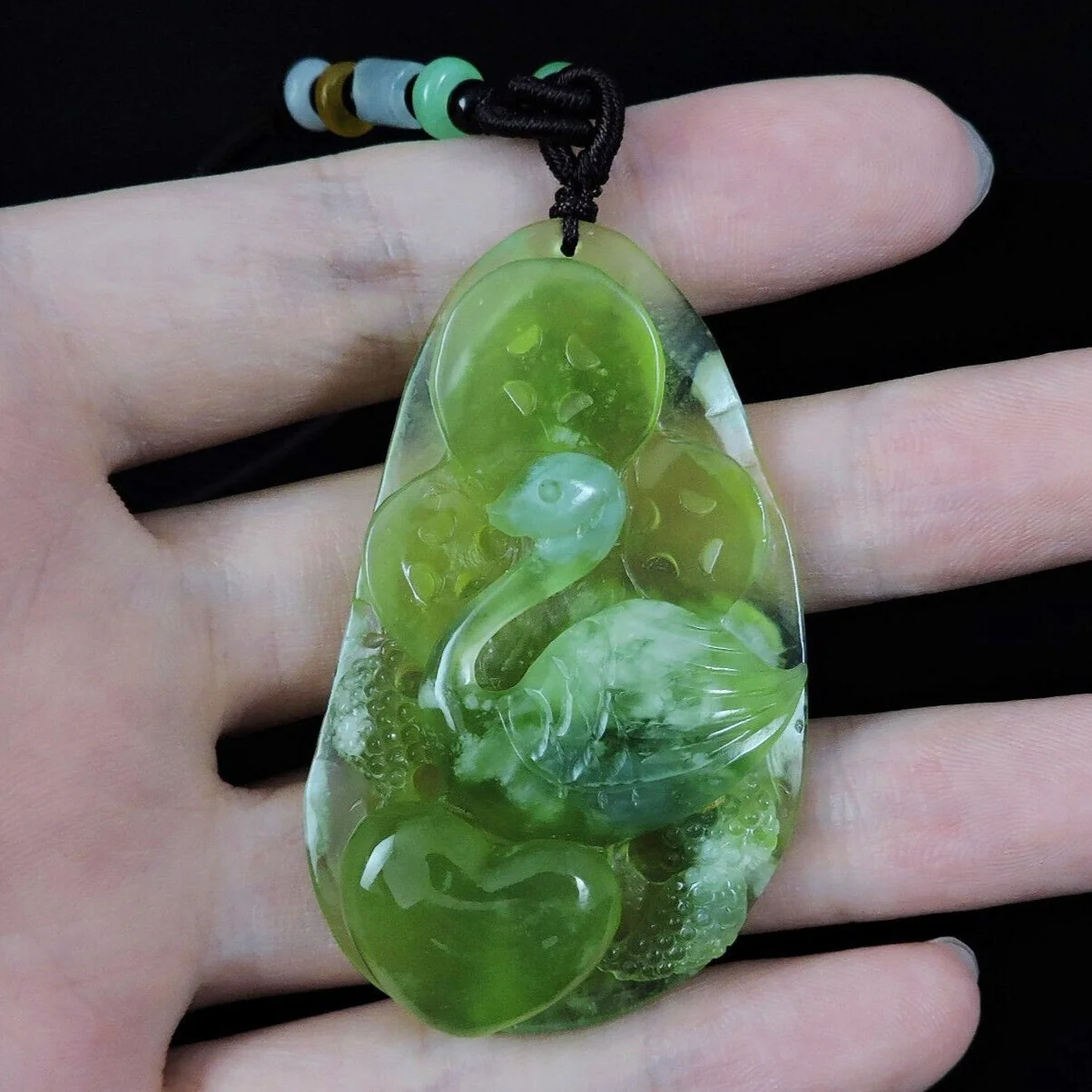 100% Natural Hand-Carved Jade Pendant Jadeite Necklace Swan & Love - Image 8