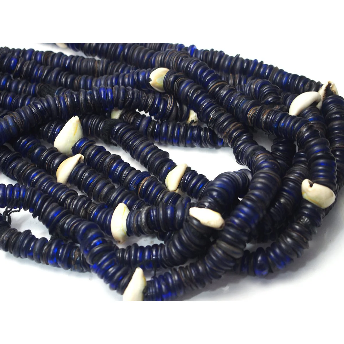 18th Century German Cobalt Glass "Donut" Trade Beads Strung with Cowrie Shells Necklace from Mali - Image 3