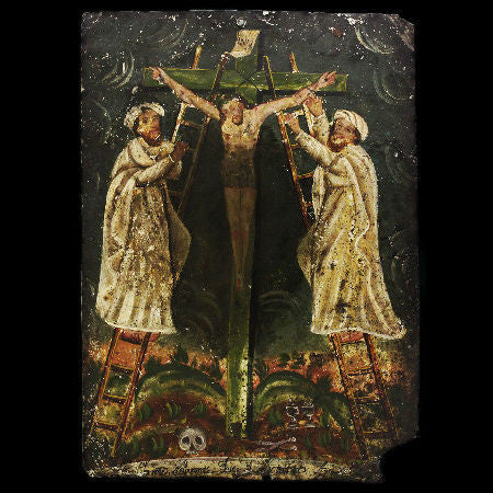 19th Century Varones de Dios Joseph of Arimathea and Nicodemus Antique Mexican Retablo #133 - Image 2