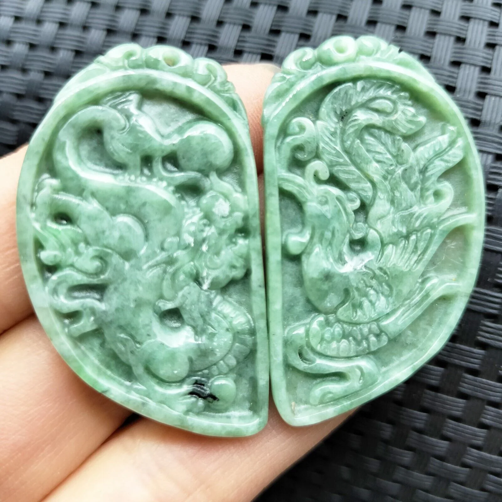 1Pair/2PCS Certified Green Natural Type A Jadeite Carved Dragon Phoenix Pendants - Image 2