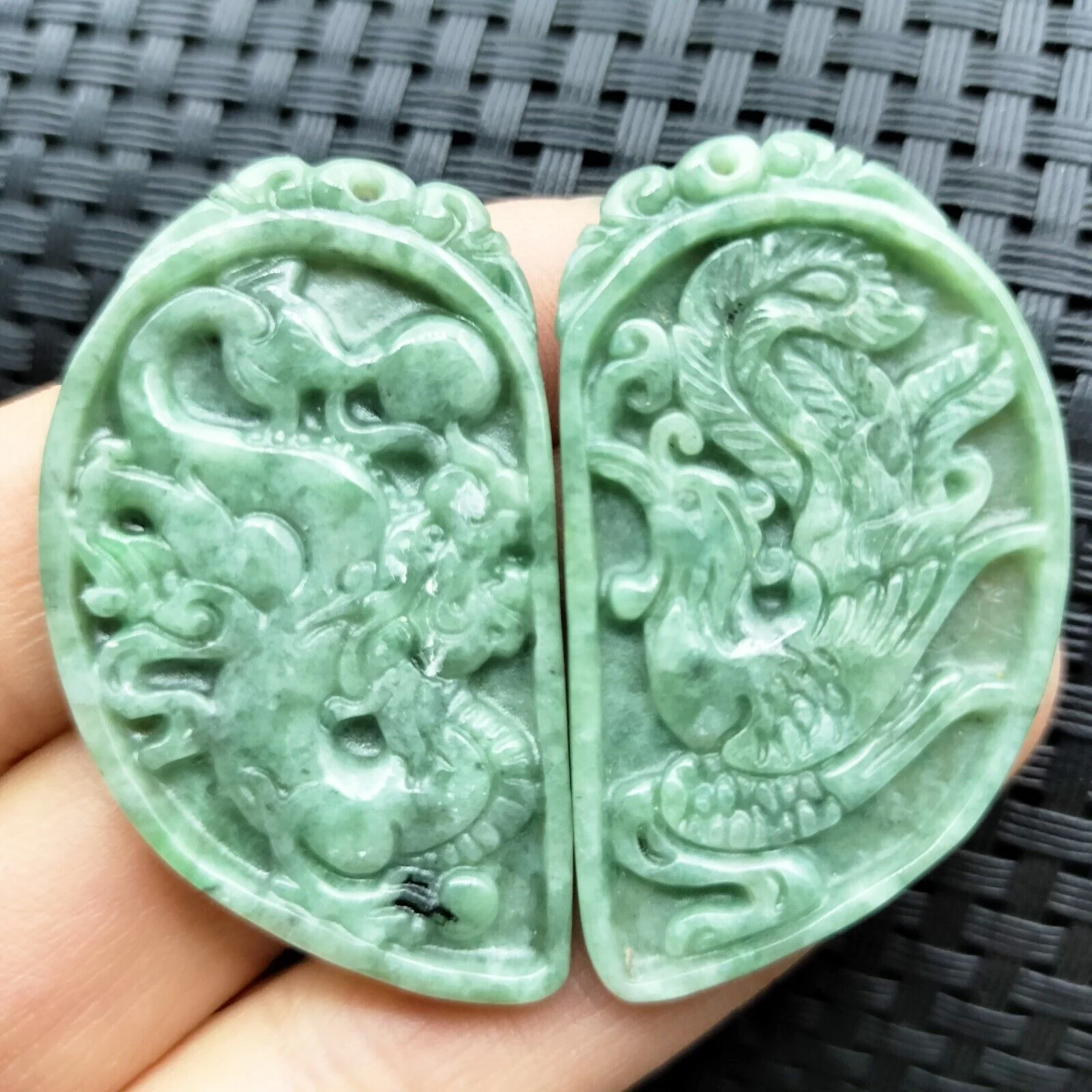 1Pair/2PCS Certified Green Natural Type A Jadeite Carved Dragon Phoenix Pendants - Image 3