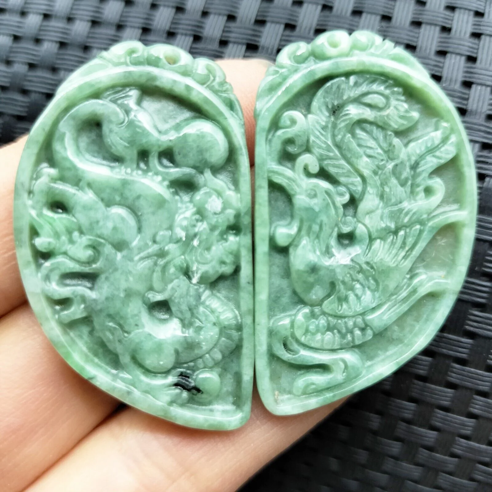 1Pair/2PCS Certified Green Natural Type A Jadeite Carved Dragon Phoenix Pendants - Image 4