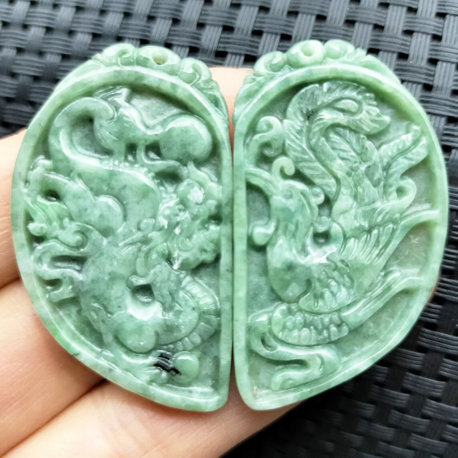 1Pair/2PCS Certified Green Natural Type A Jadeite Carved Dragon Phoenix Pendants - Image 5