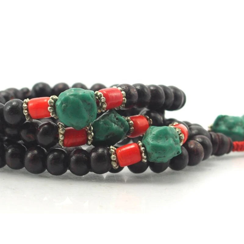 8mm Chinese Pine Mala with Stabilized Turquoise and Glass Spacers - Image 3