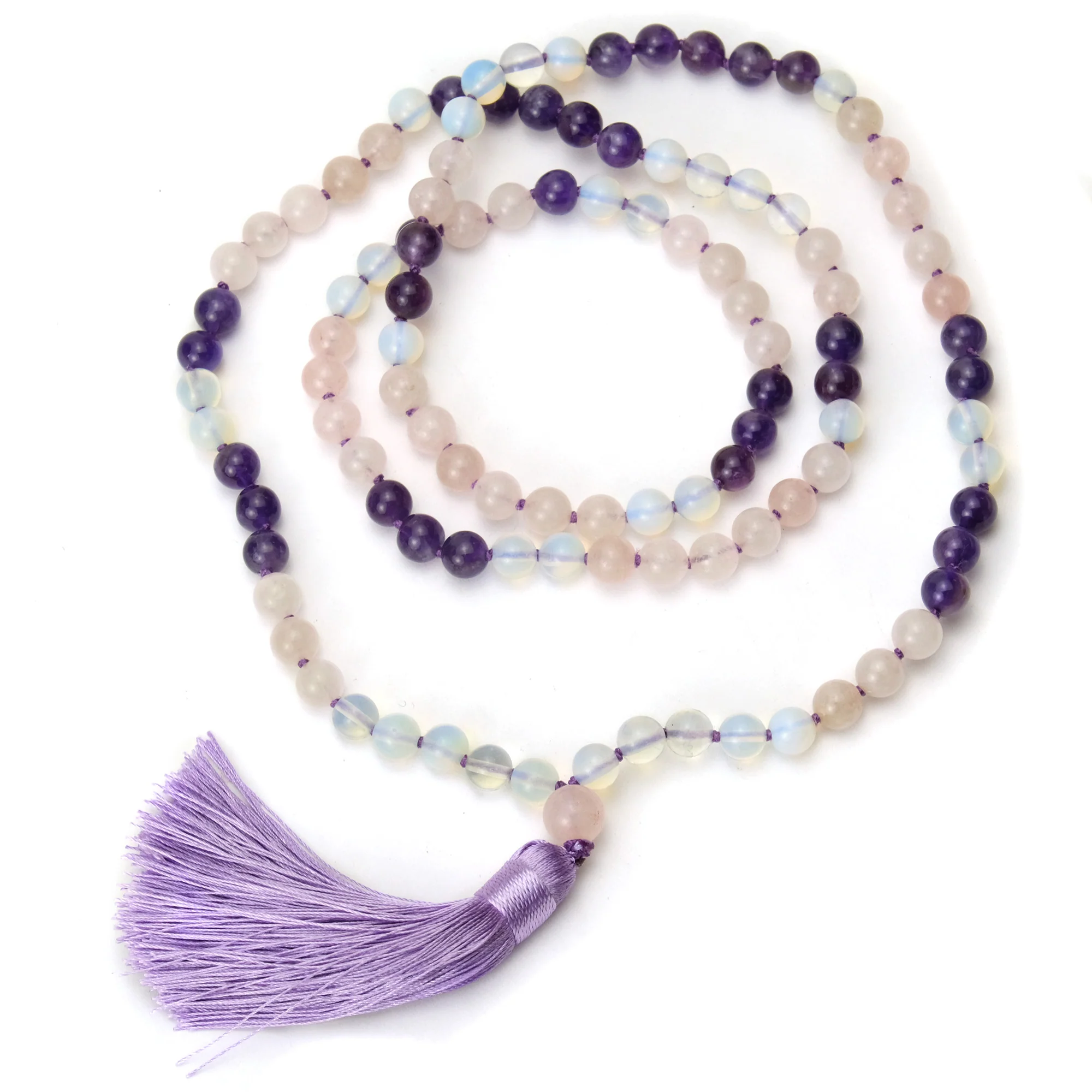 Rose Quartz, Opalite and Amethyst 8mm Knotted Mala with Silk Tassel #95 - Image 2