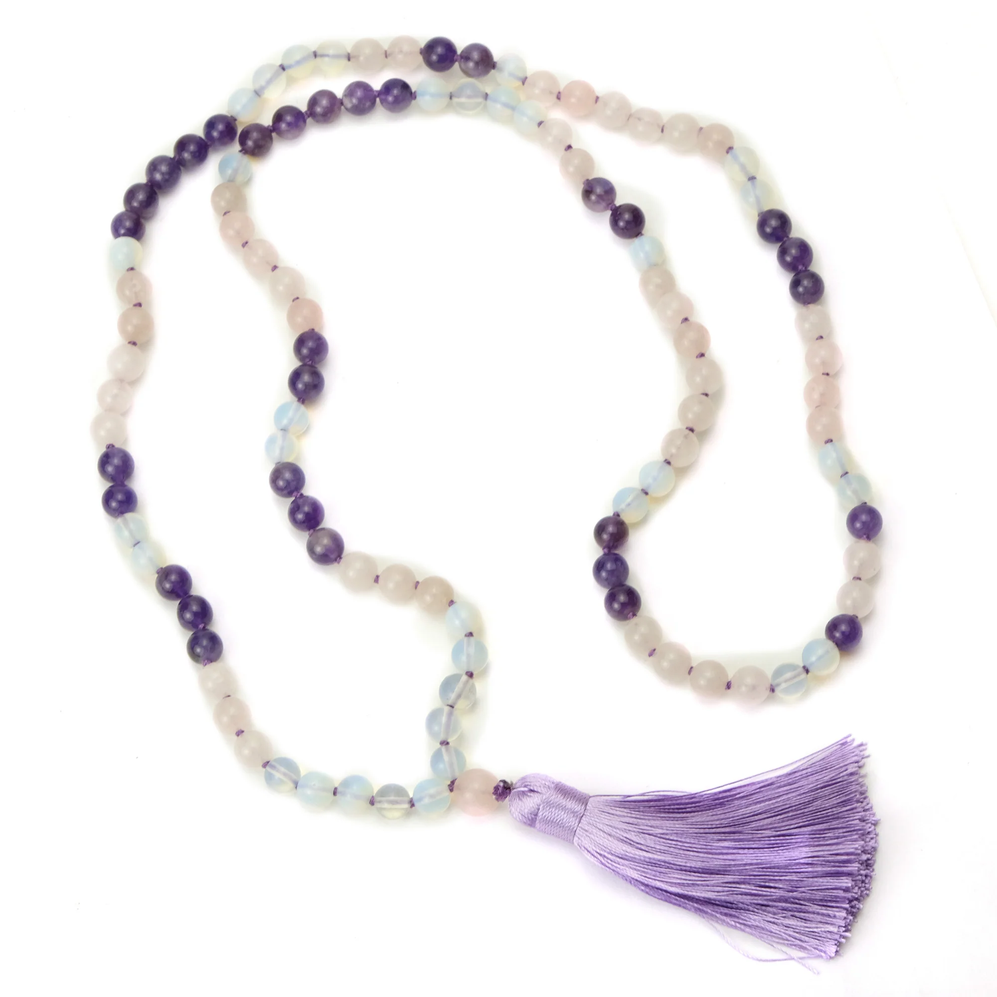 Rose Quartz, Opalite and Amethyst 8mm Knotted Mala with Silk Tassel #95 - Image 3