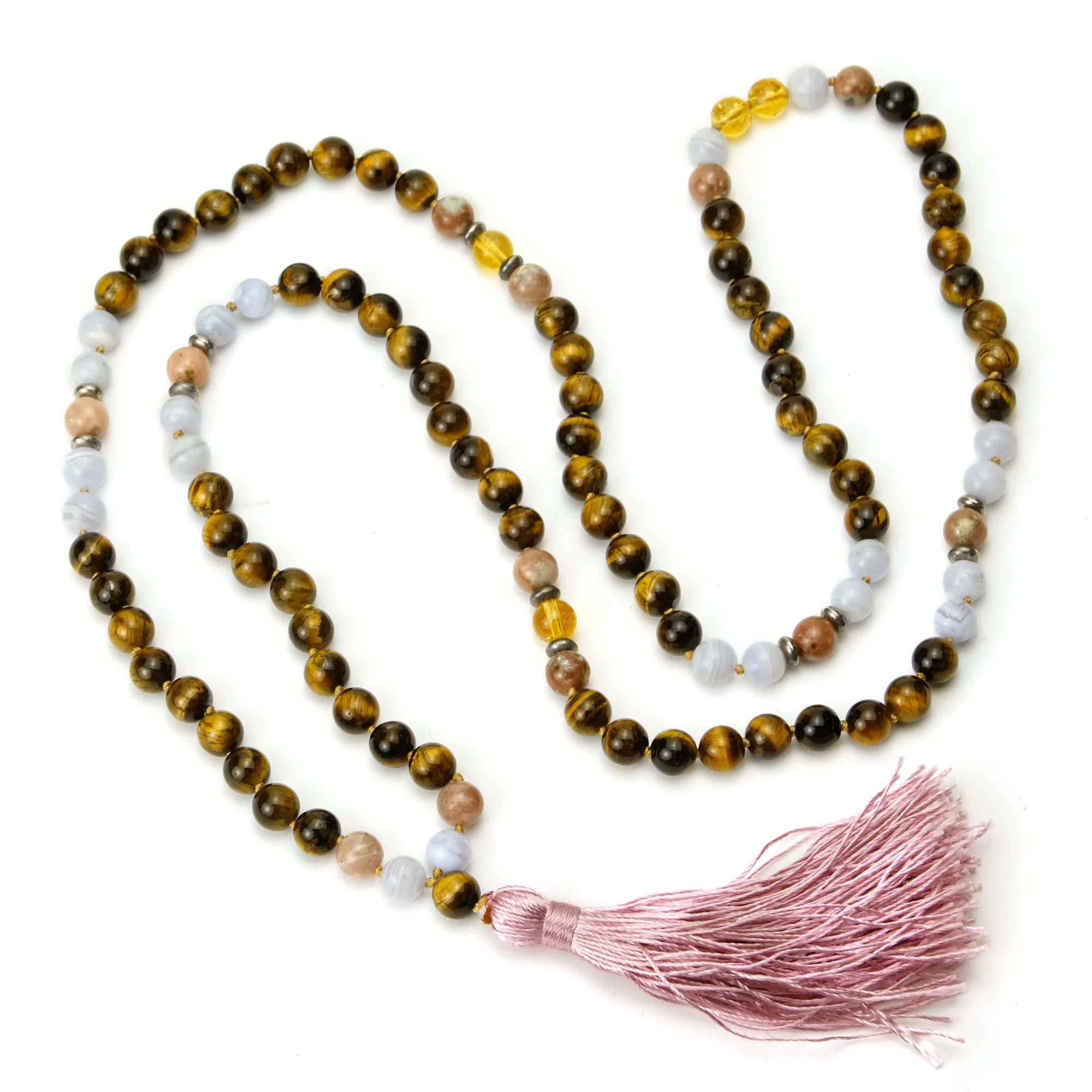 Tiger's Eye, Blue Lace Agate and Citrine 8mm Knotted Mala with Silk Tassel #91 - Image 2