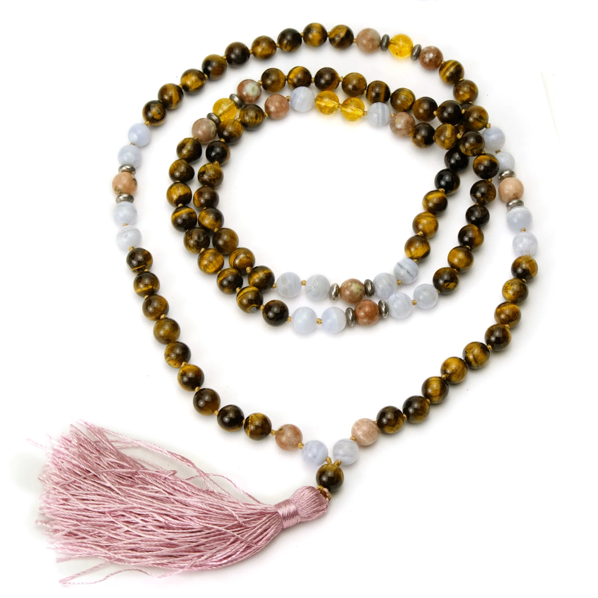 Tiger's Eye, Blue Lace Agate and Citrine 8mm Knotted Mala with Silk Tassel #91 - Image 3