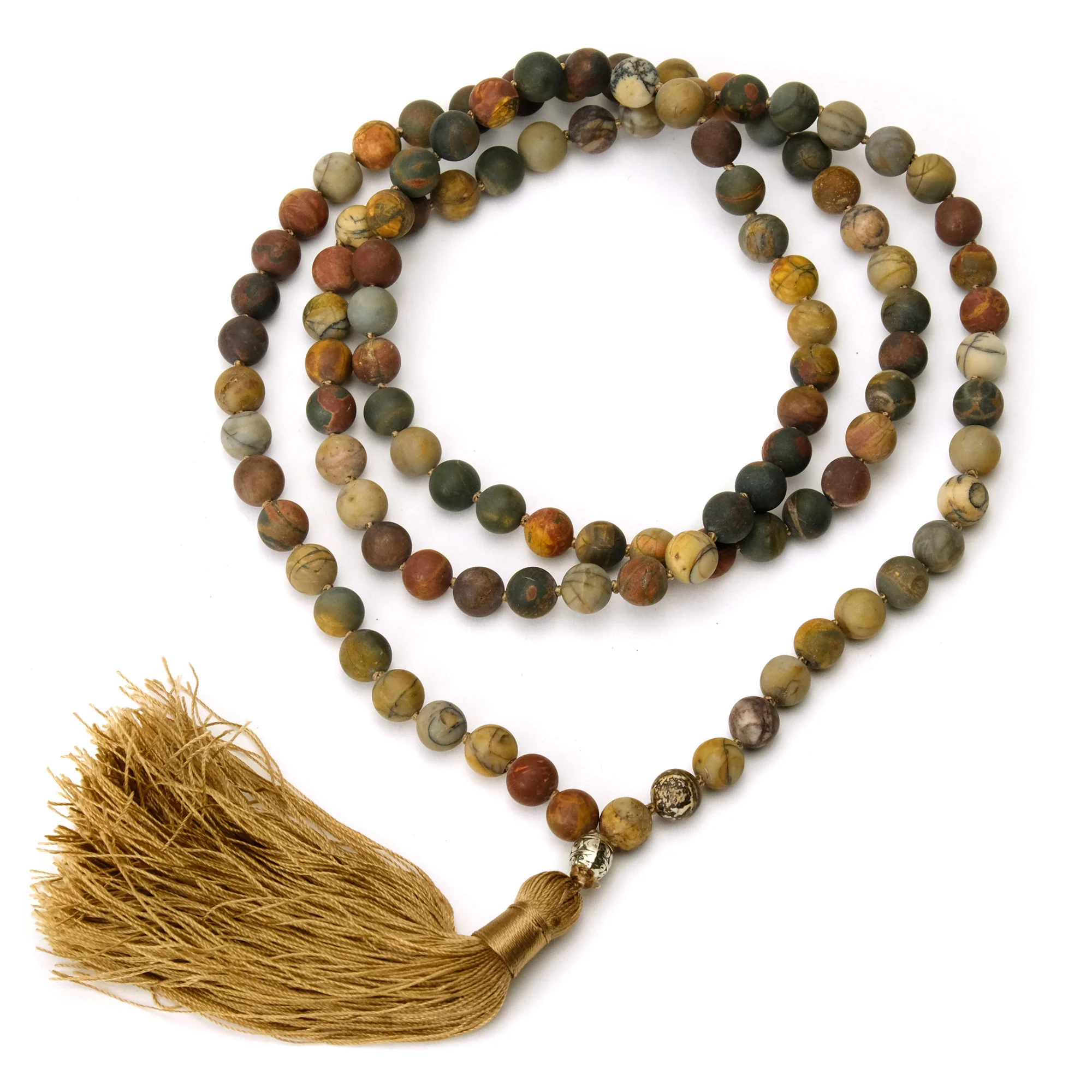Rainforest Jasper 8mm Knotted Mala with Silk Tassel #83 - Image 2