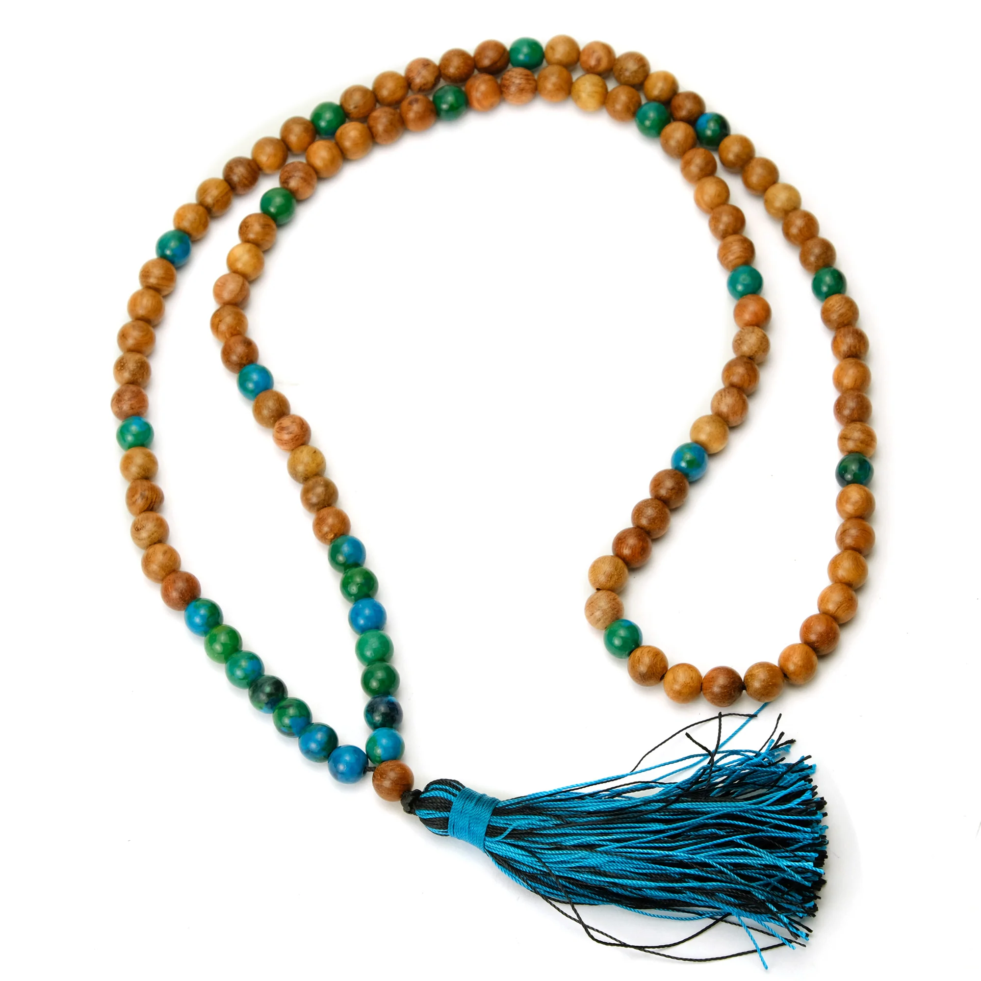 Chrysocolla and Palmwood 8mm Knotted Mala with Silk Tassel #77 - Image 3