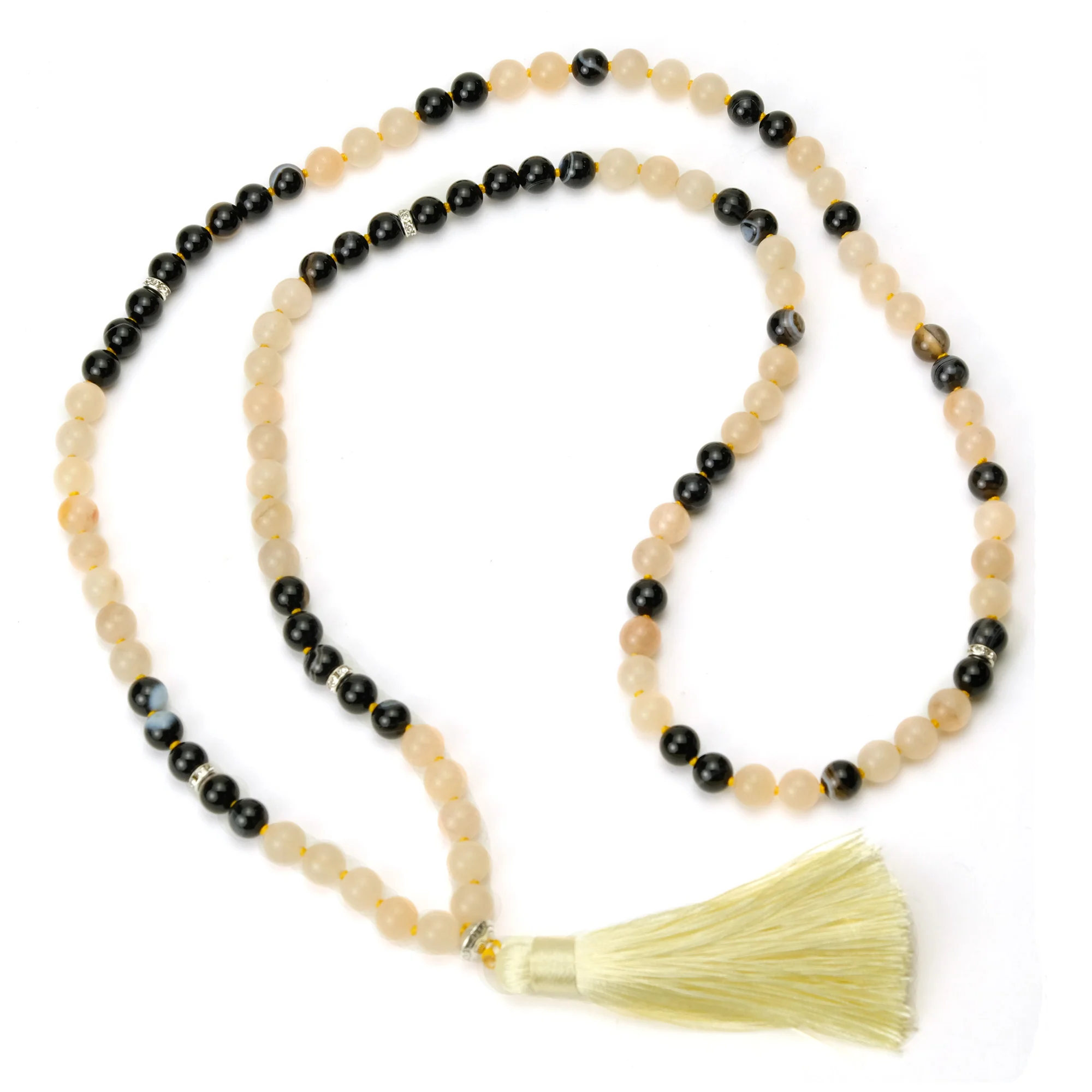 Morganite Onyx 8mm Knotted Mala with Silk Tassel #89 - Image 3