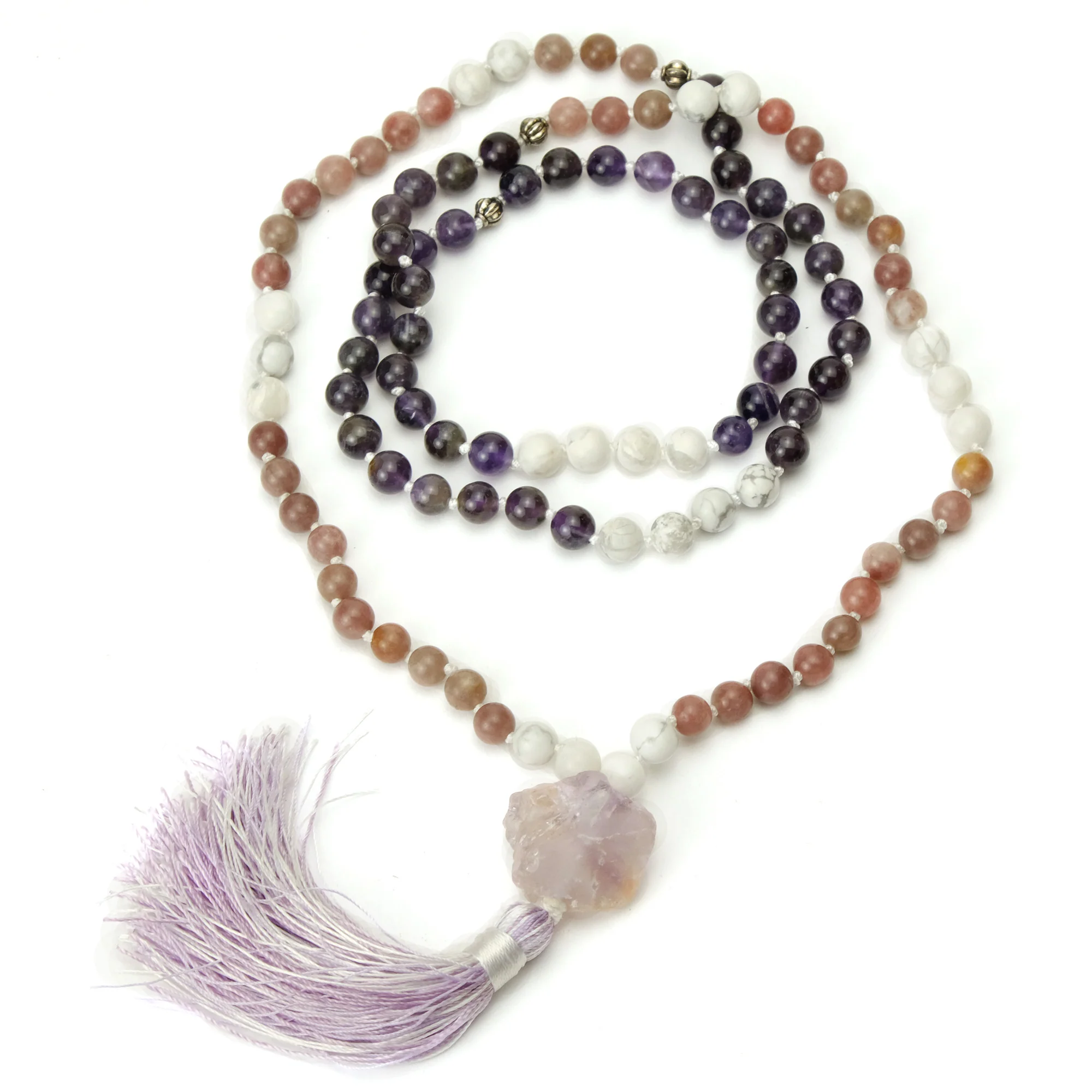 Amethyst, Howlite and Lepidolite 8mm Knotted Mala with Silk Tassel #86 - Image 2