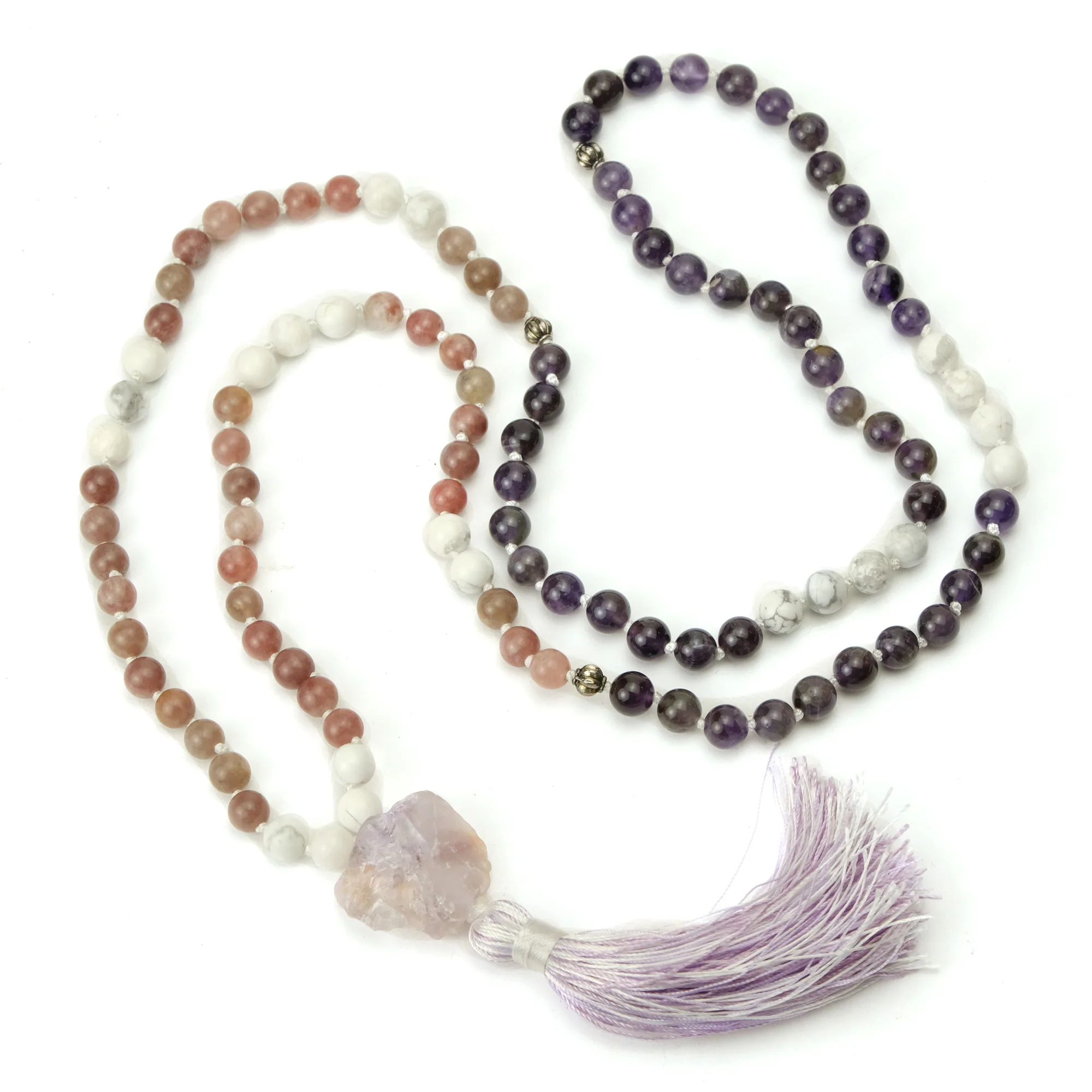 Amethyst, Howlite and Lepidolite 8mm Knotted Mala with Silk Tassel #86 - Image 3