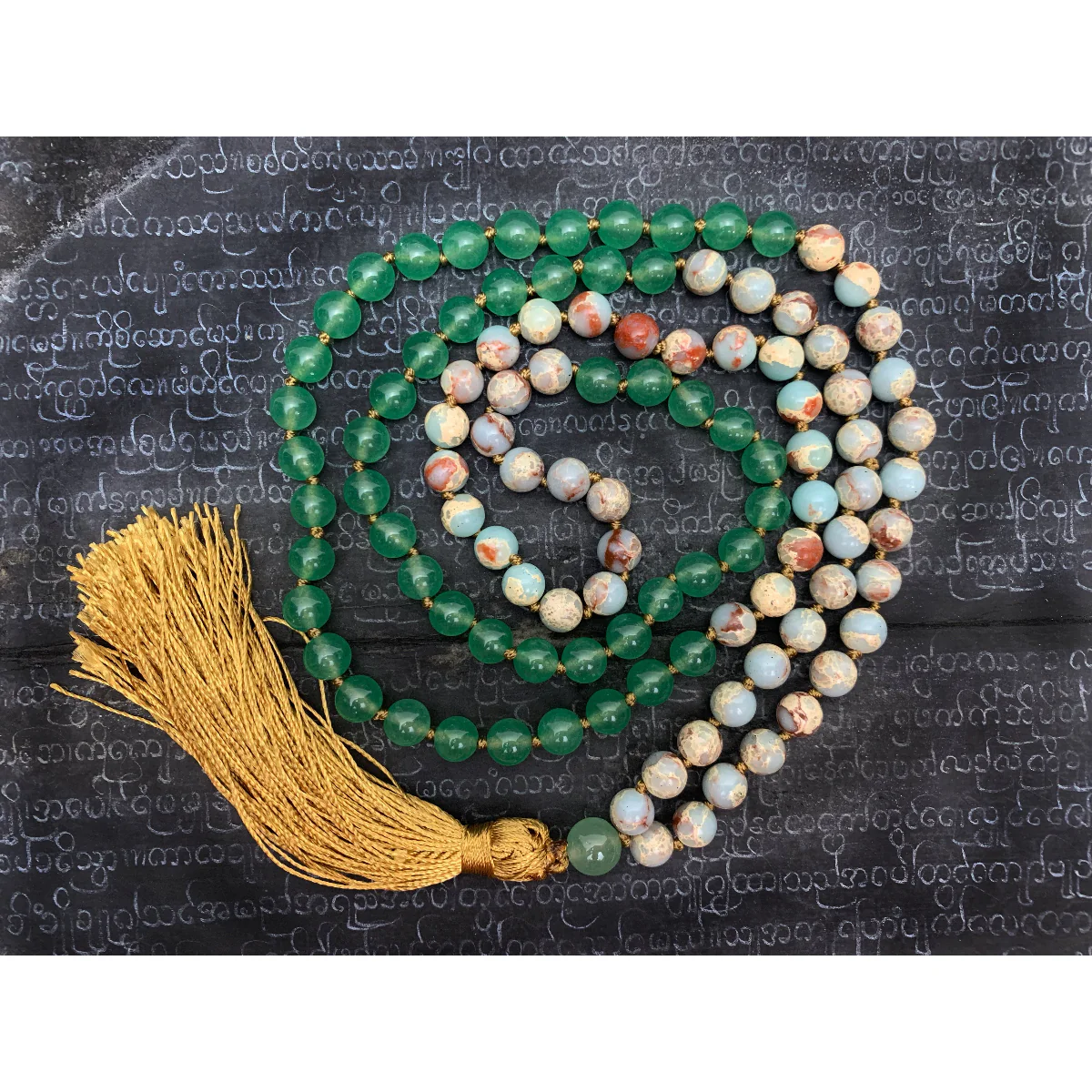 African Opal with Green Aventurine 8mm Knotted Mala with Silk Tassel #114 - Image 2