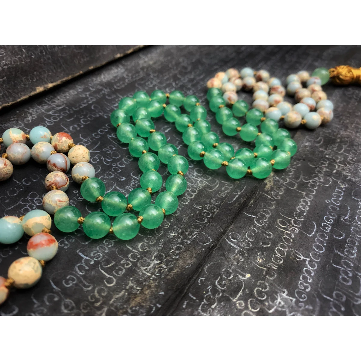 African Opal with Green Aventurine 8mm Knotted Mala with Silk Tassel #114 - Image 3