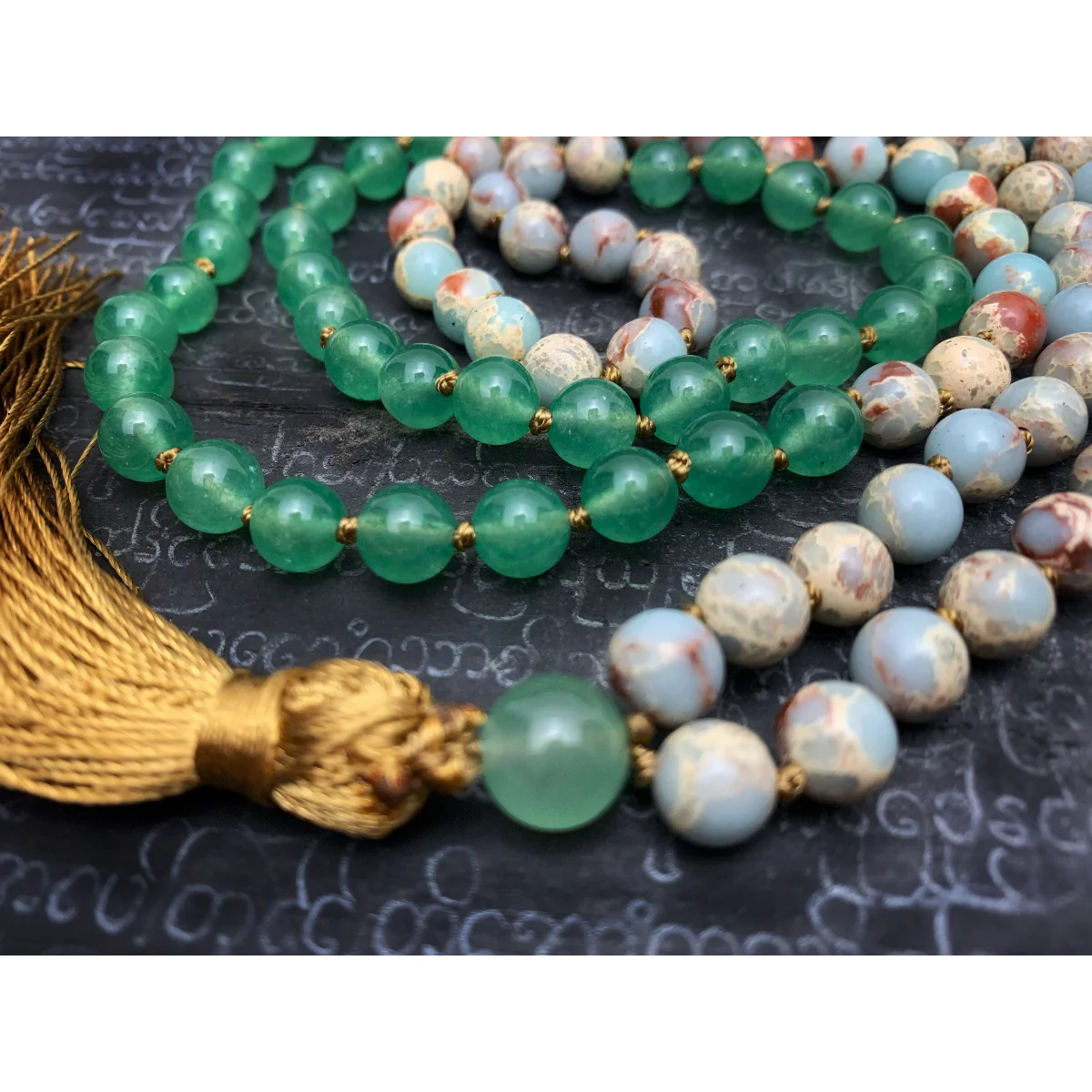 African Opal with Green Aventurine 8mm Knotted Mala with Silk Tassel #114 - Image 4