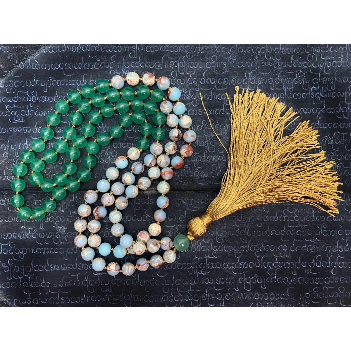 African Opal with Green Aventurine 8mm Knotted Mala with Silk Tassel #114 - Image 5