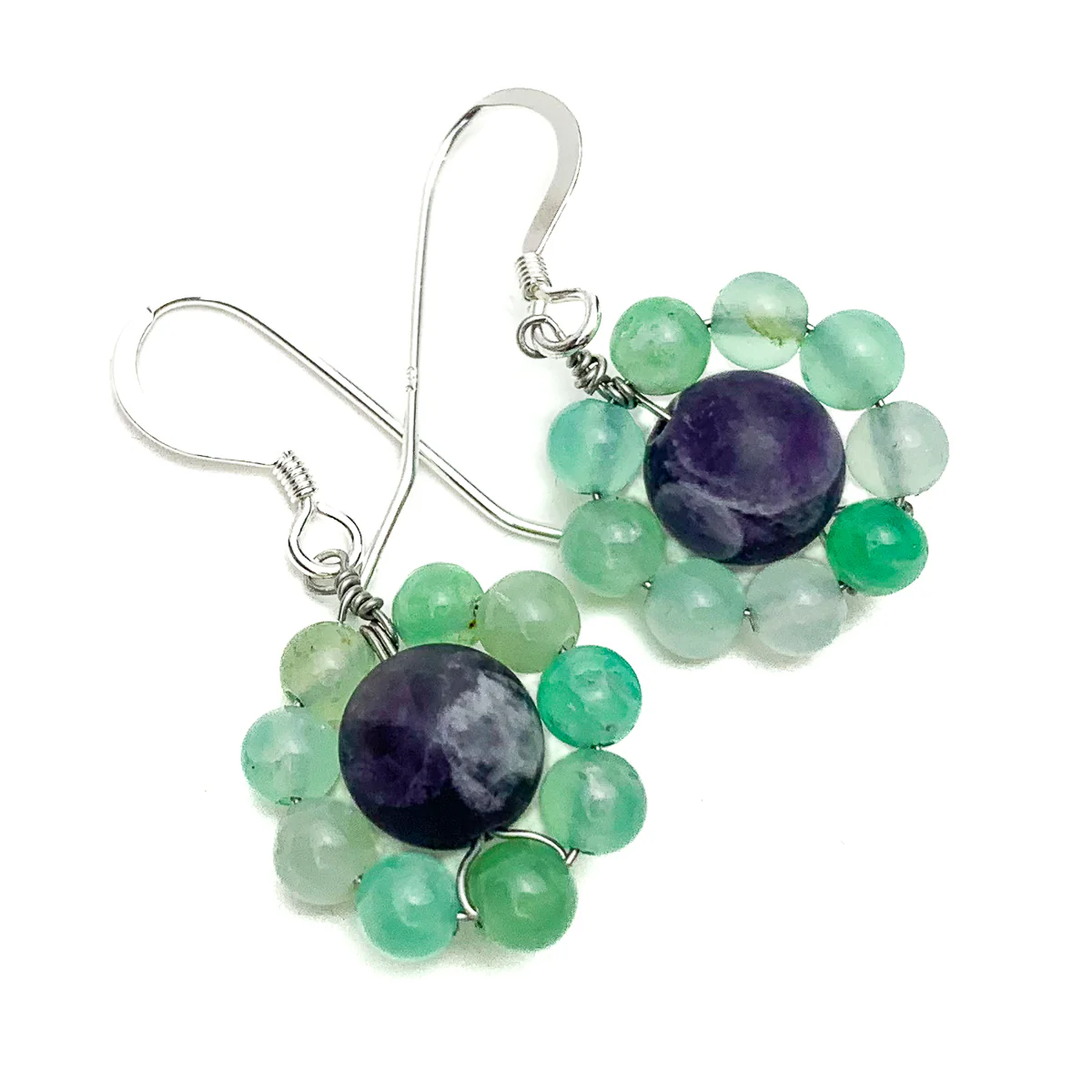 Amethyst & Chrysoprase Flower Earrings with Sterling Silver Ear Wires - Image 2