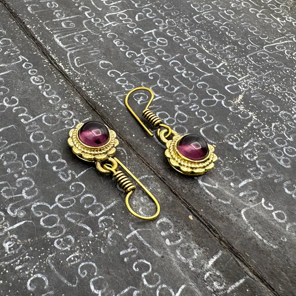 Amethyst Circle Flower Brass Earrings - Image 3