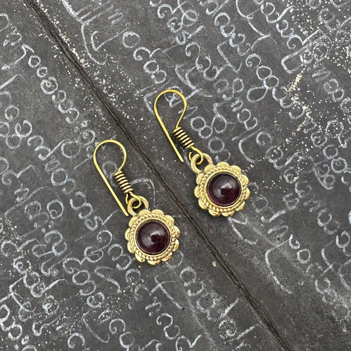Amethyst Circle Flower Brass Earrings - Image 8