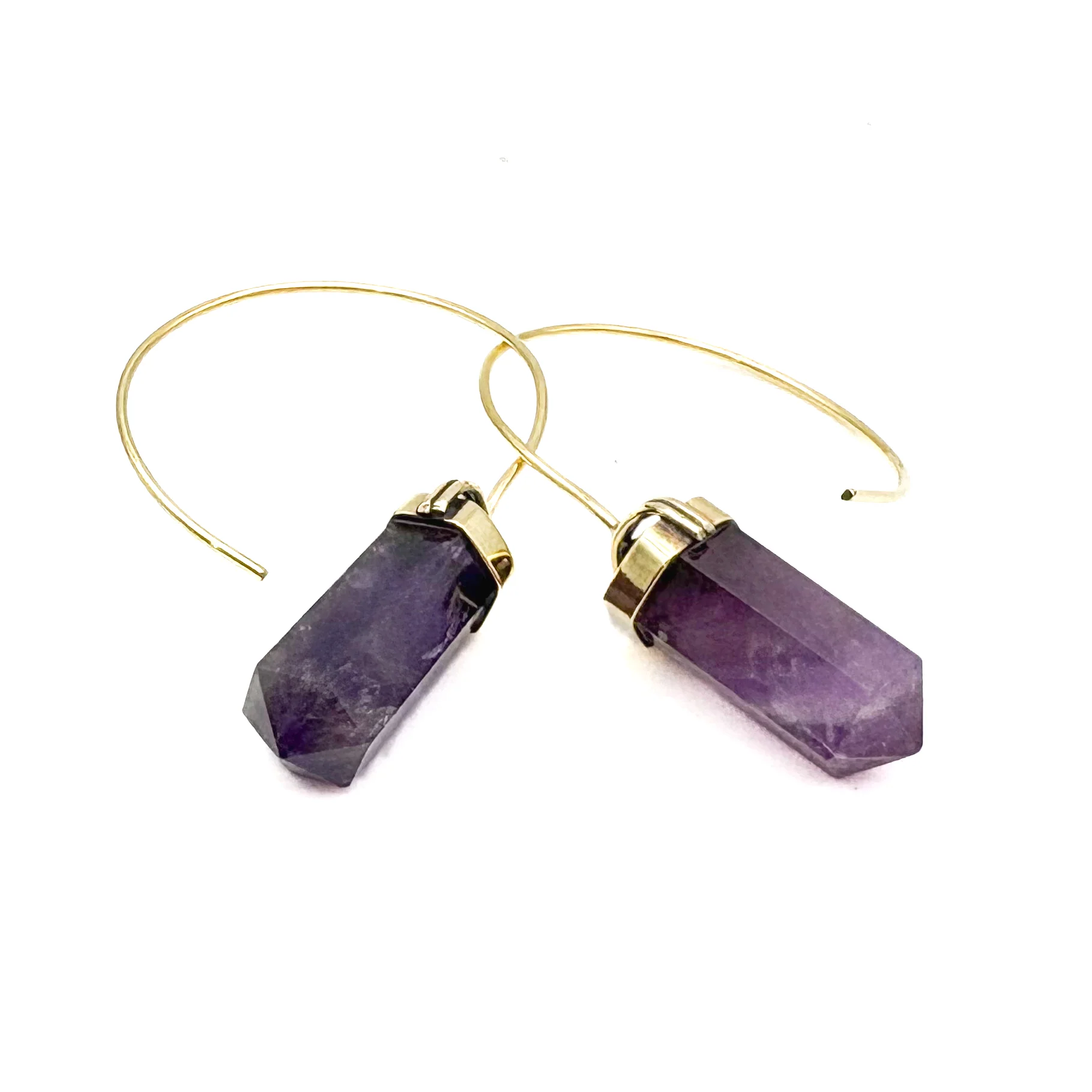 Amethyst Crystal Point Brass Hoop Earrings - Image 4