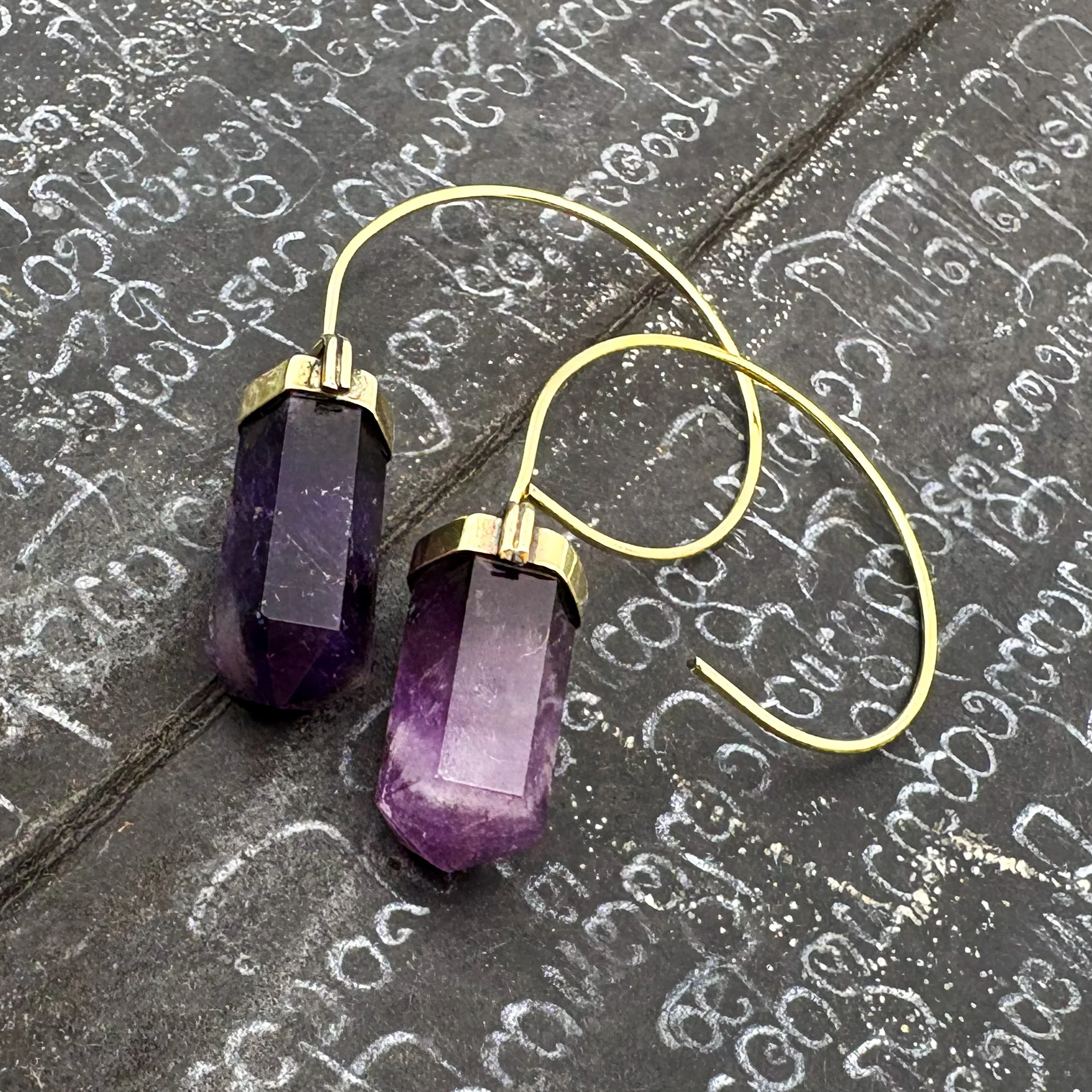 Amethyst Crystal Point Brass Hoop Earrings - Image 5