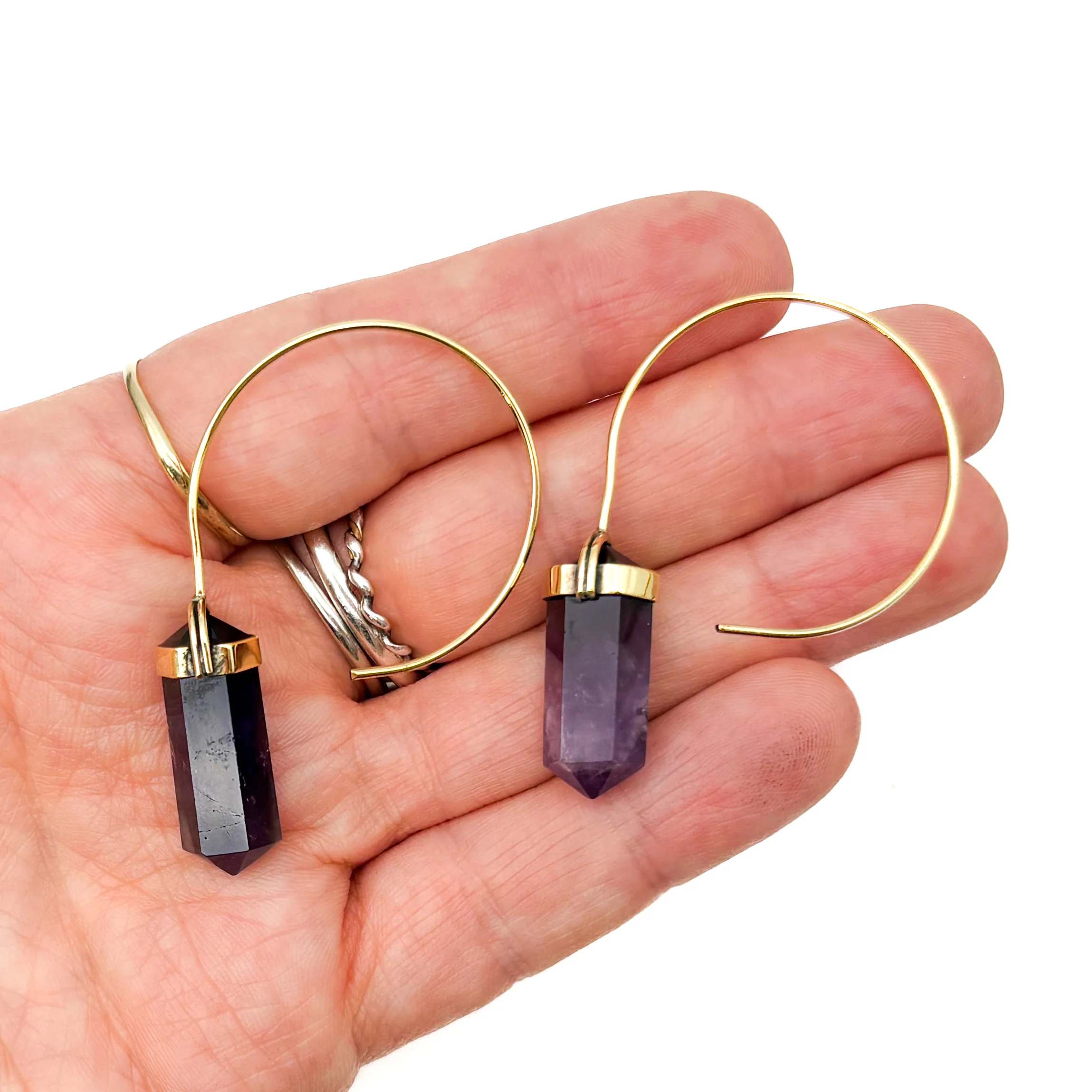 Amethyst Crystal Point Brass Hoop Earrings - Image 6