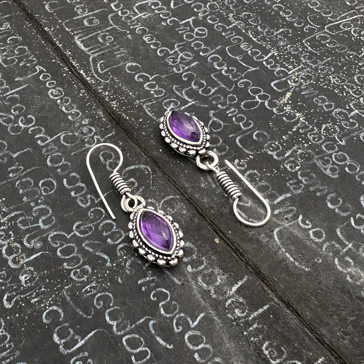 Amethyst Dotted Leaf White Brass Earrings - Image 10