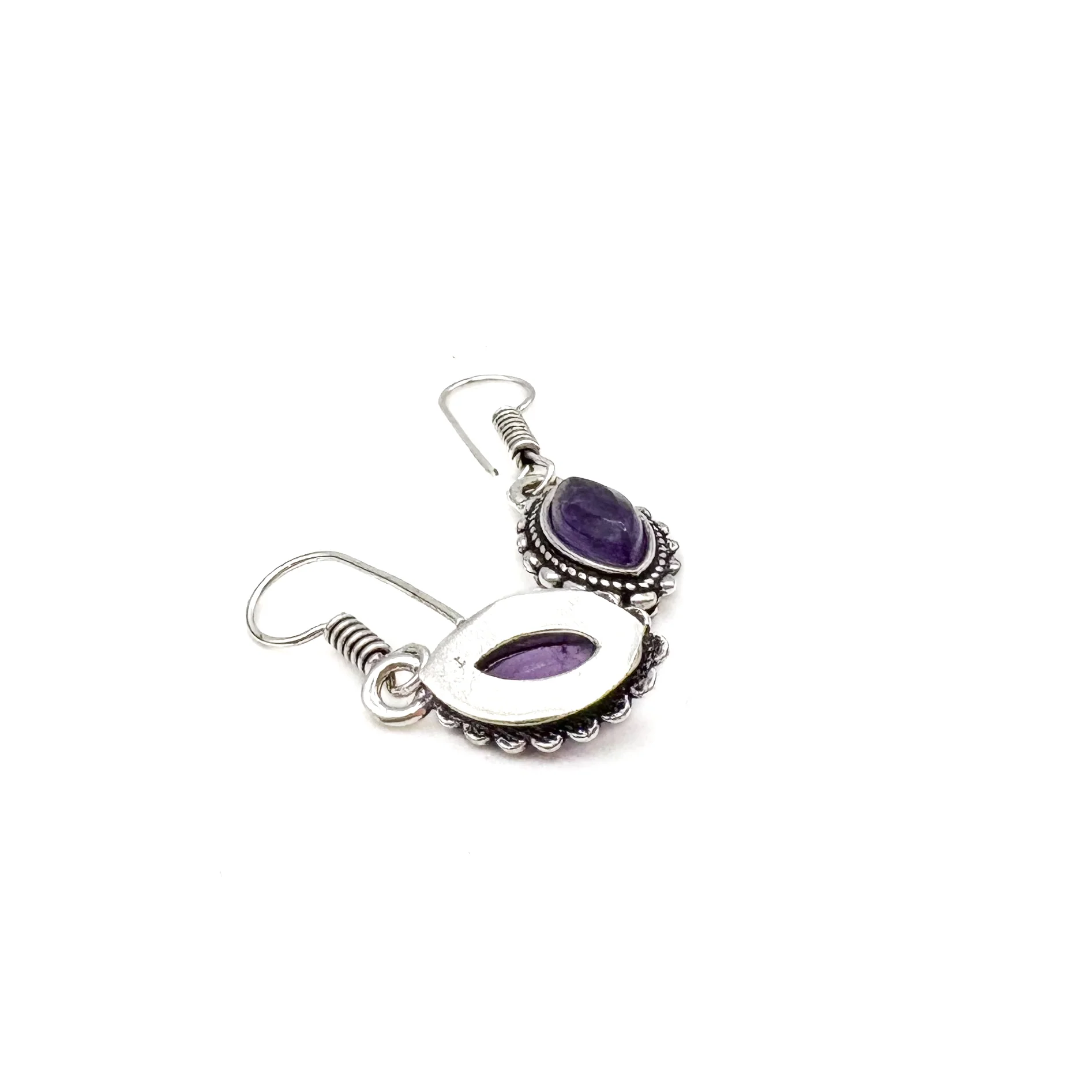 Amethyst Dotted Leaf White Brass Earrings - Image 11