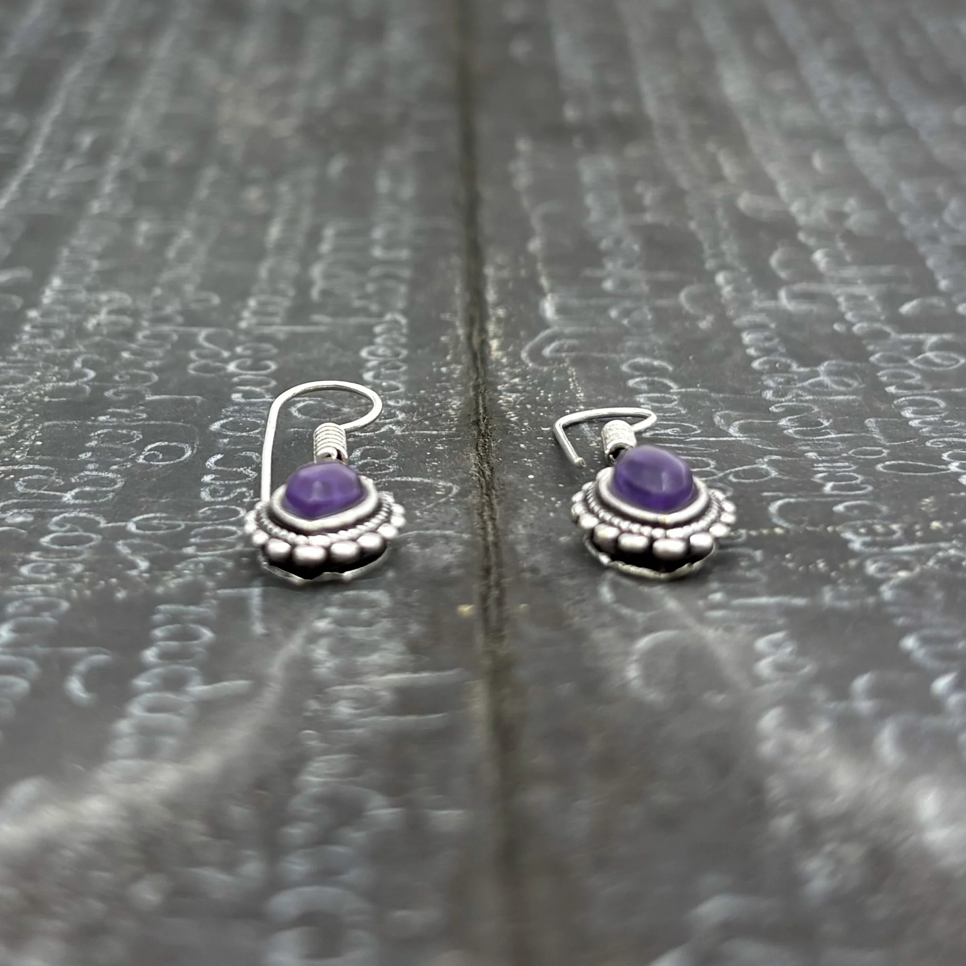 Amethyst Dotted Leaf White Brass Earrings - Image 12