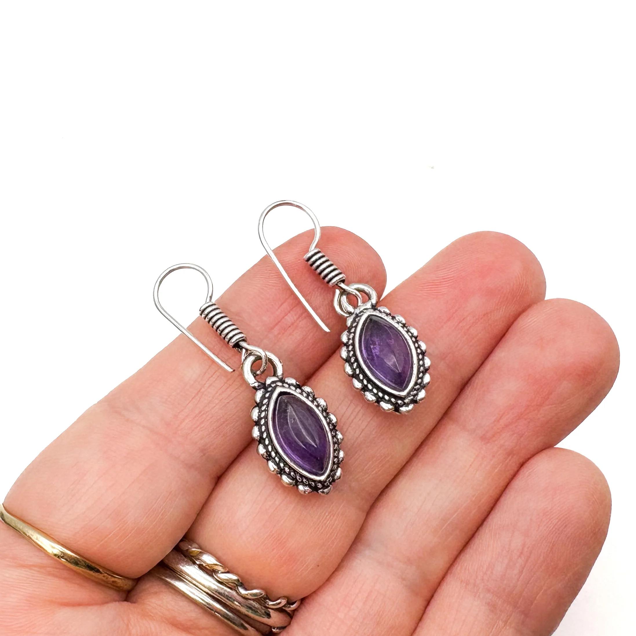 Amethyst Dotted Leaf White Brass Earrings - Image 13