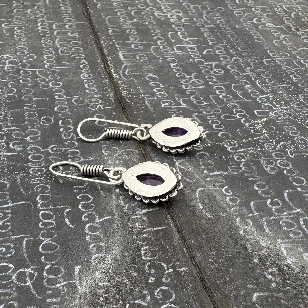 Amethyst Dotted Leaf White Brass Earrings - Image 14